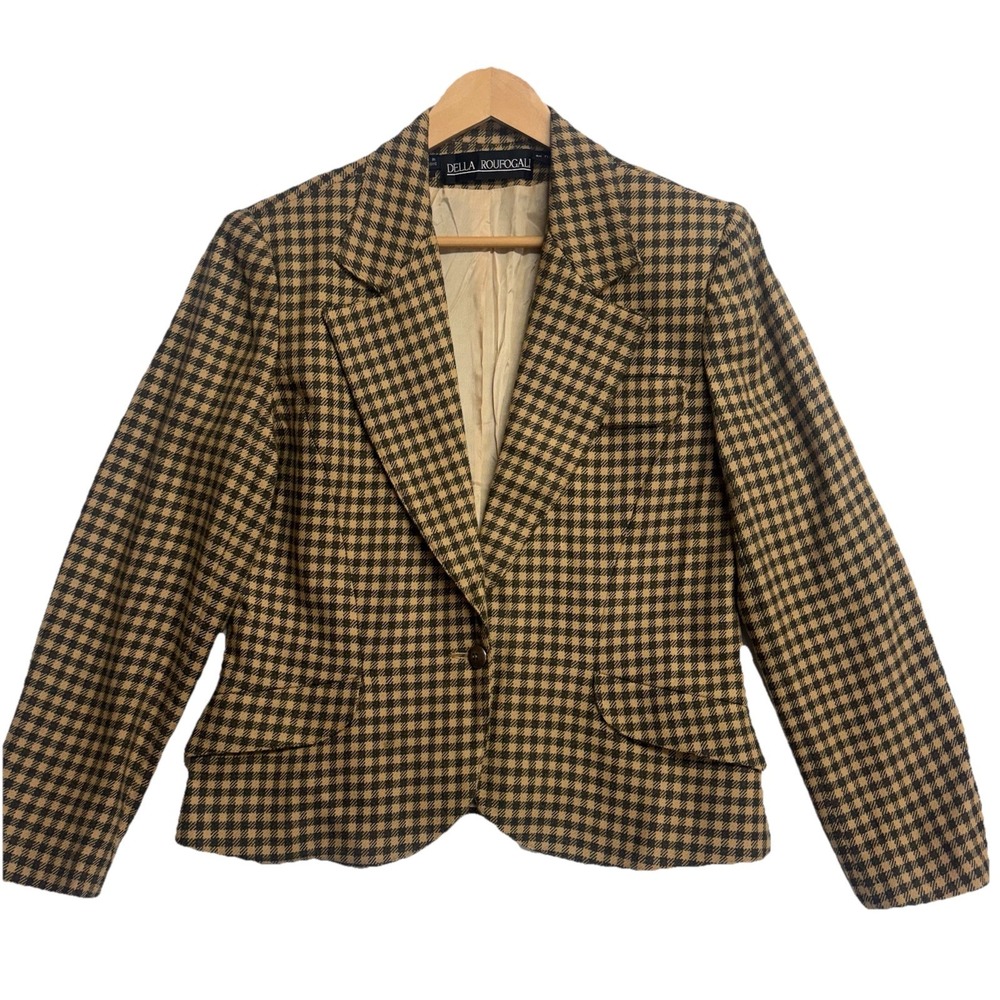 Vintage‎ Della Roufogali Wool Houndstooth Blazer Jacket Women 12 Brown Tan